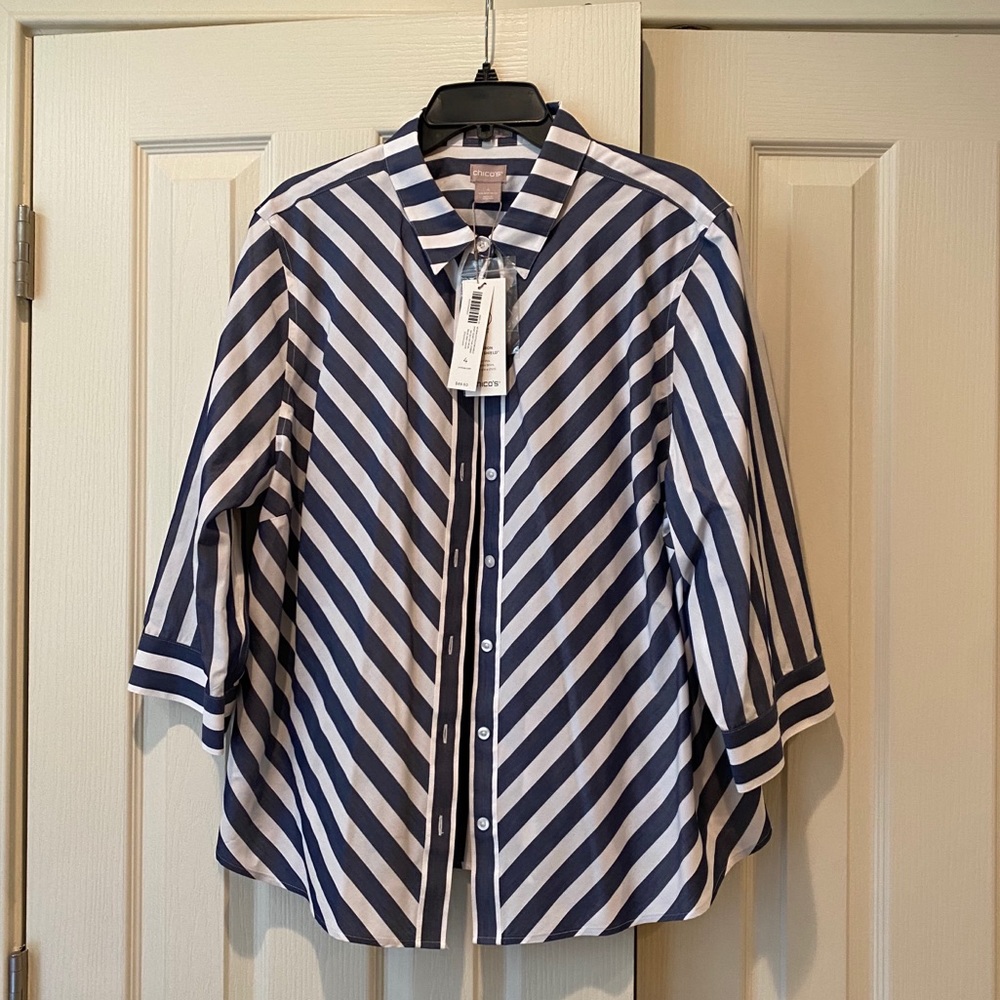 Chico’s Navy and white no iron stripe button down